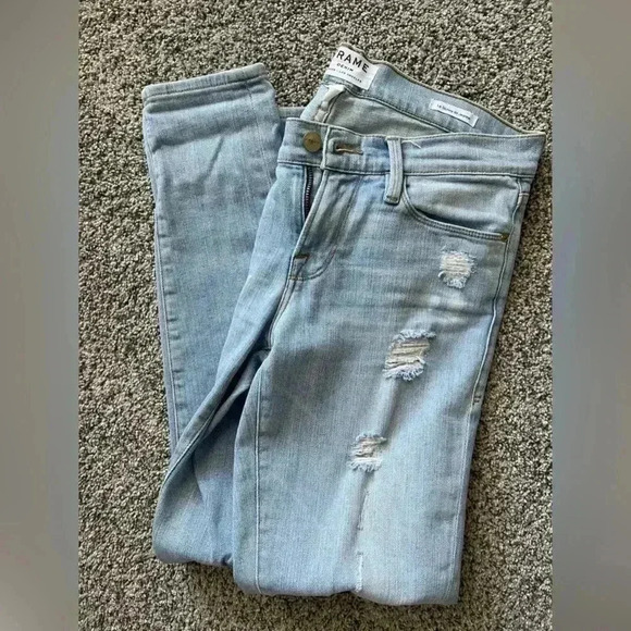 FRAME Le Skinny Distressed Mid Rise Lightwash Denim Jean - Picture 4 of 4